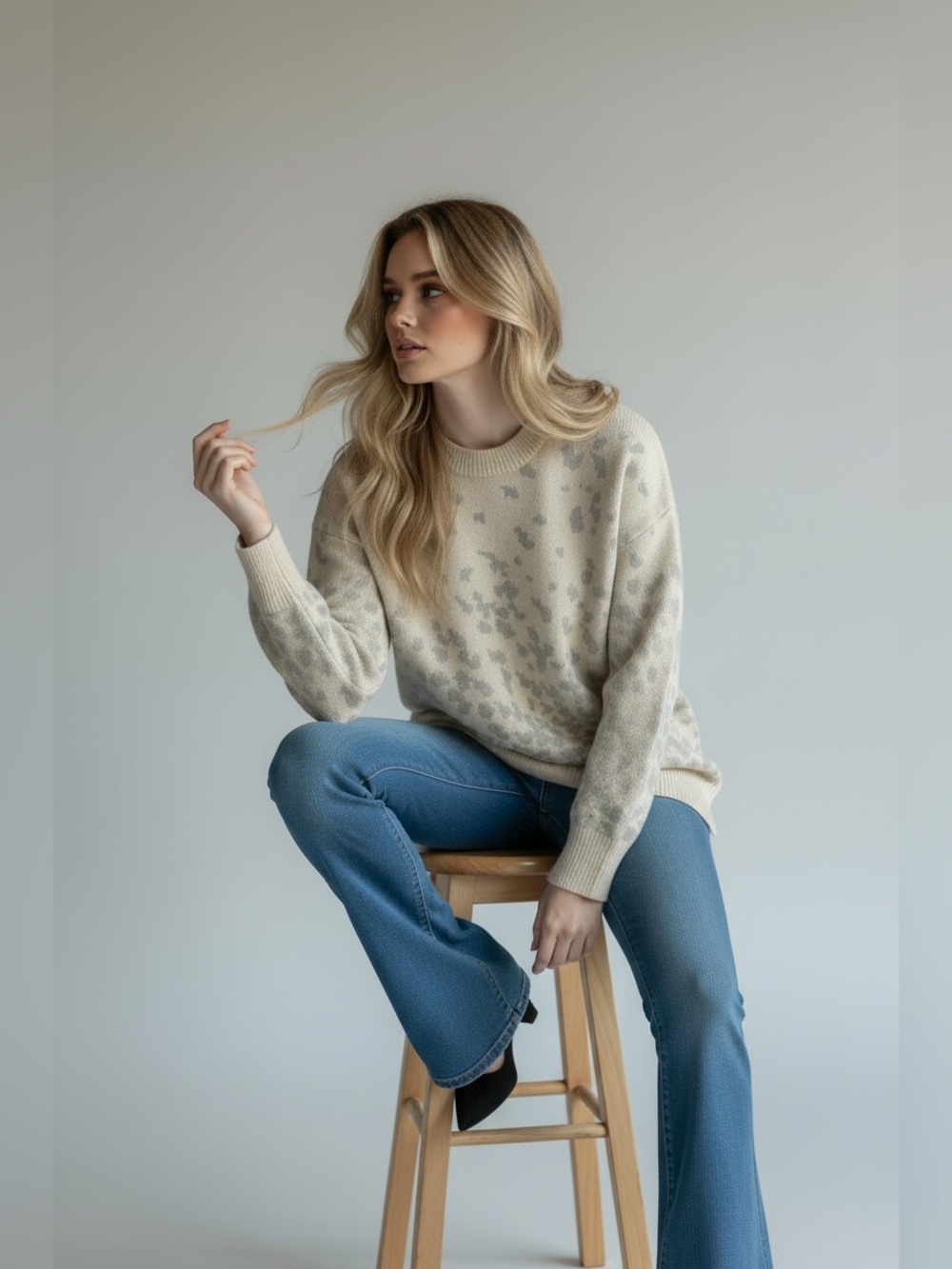 Christian Siriano Cream Crewneck Sweater with Light Gray Spot Pattern. Small.